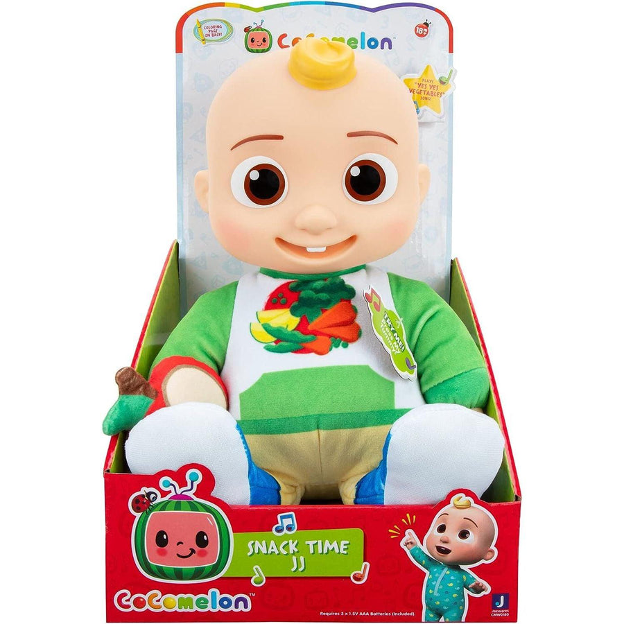 يتميز CoComelon Snack Time بدمية JJ مع قطيفة التفاح الأحمر - تشغل الأصوات والعبارات ومقاطع أغنية Yes Yes النباتية.
