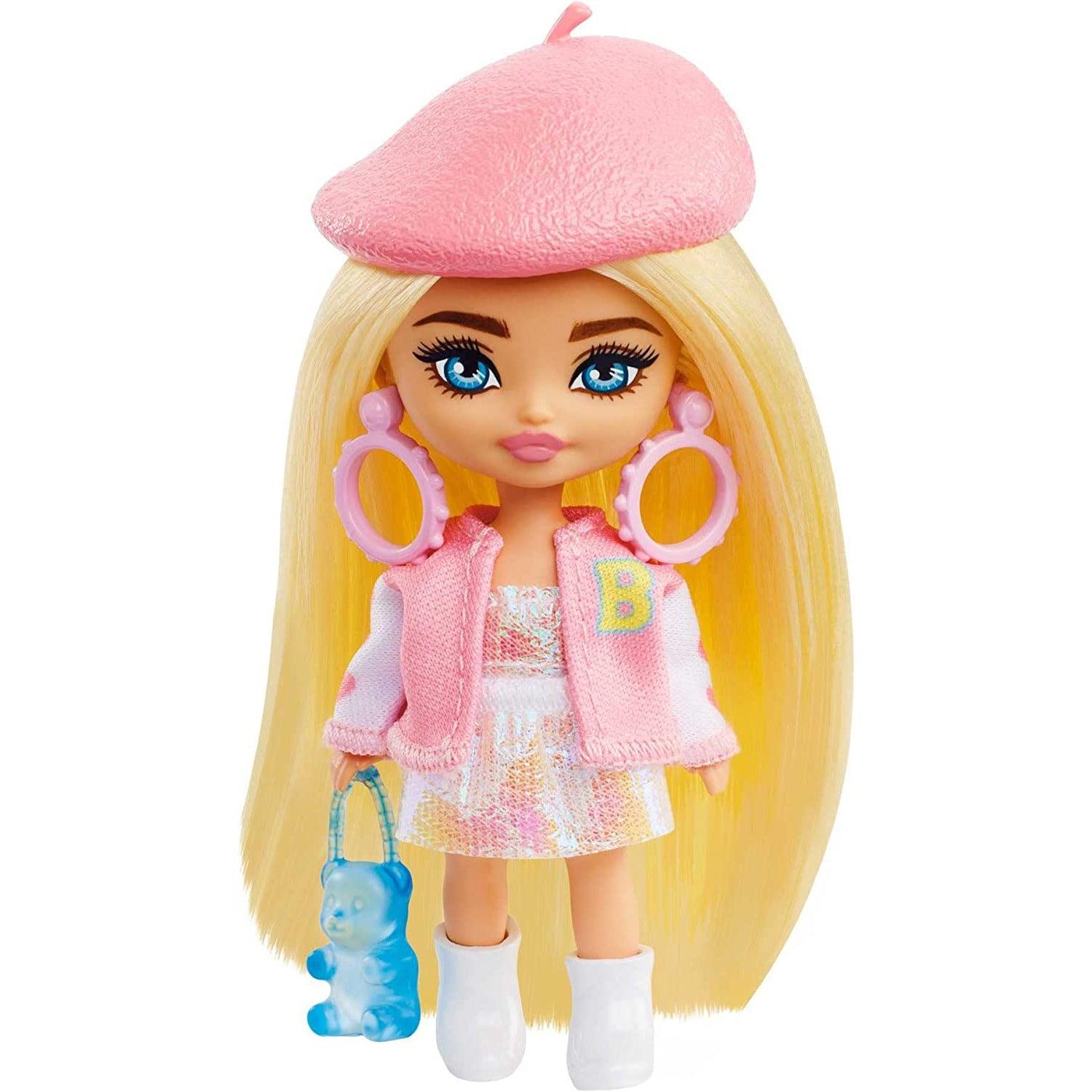 Barbie Extra Mini Minis Doll with Blonde Hair, Beret, Varsity Jacket & Accessories & Stand, 3.25-Inch