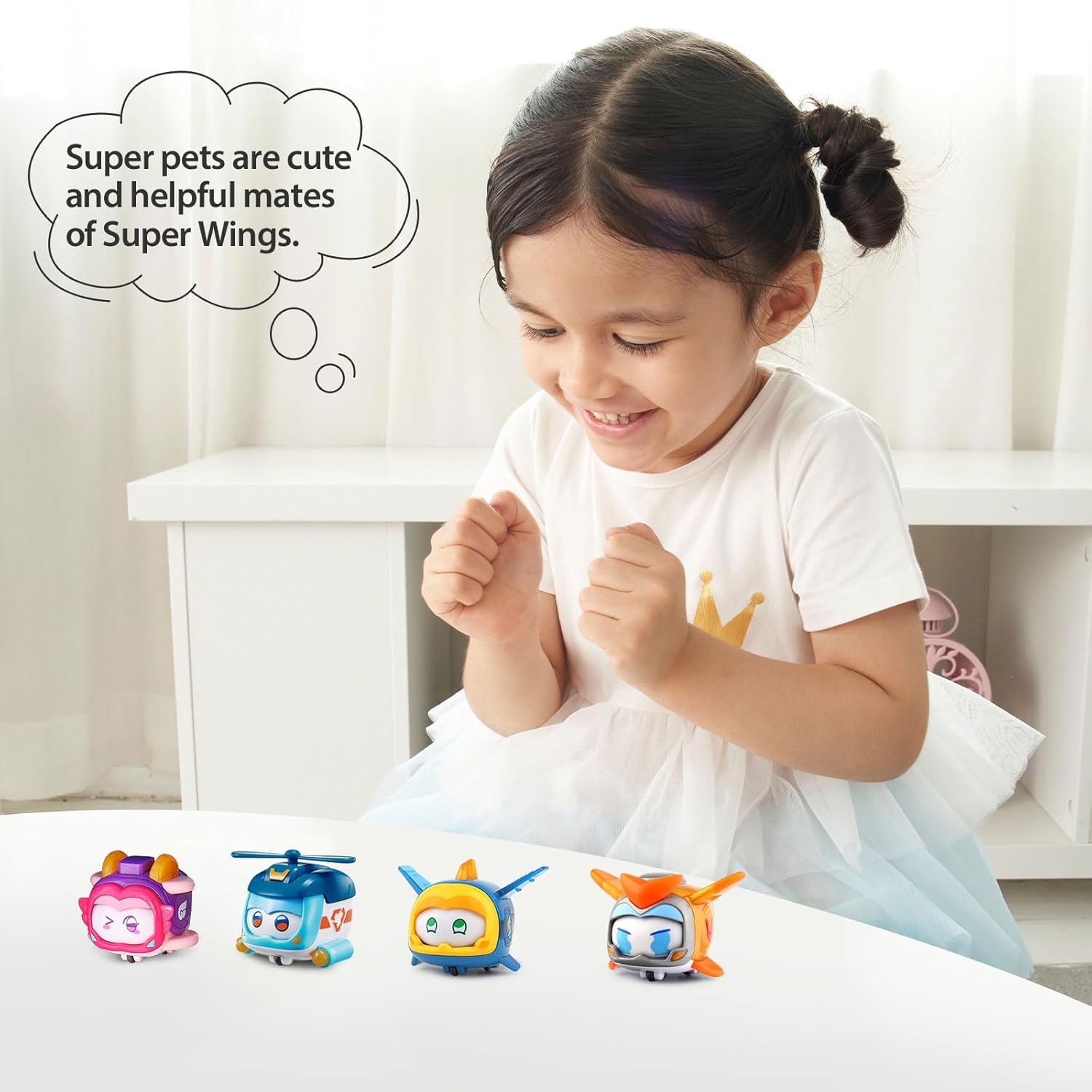 Super Wings Super Pets 4-Pack Collection Jerome, Golden Boy, Shine, Ellie, Vehicle Action Figure with Light Effect and Mutiple Emotion Expressions, Gifts for Kids Age 3+