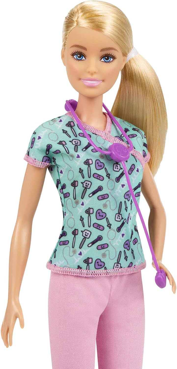 Mattel Barbie Nurse Fashion Doll Dressed in Medical Scrubs, White Shoes & Stethoscope Accessory