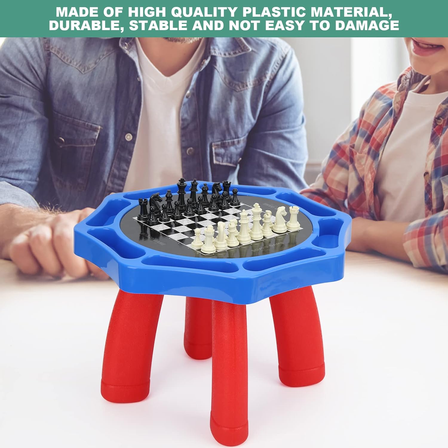 Children playing with a blue and red plastic chess set on a white surface.