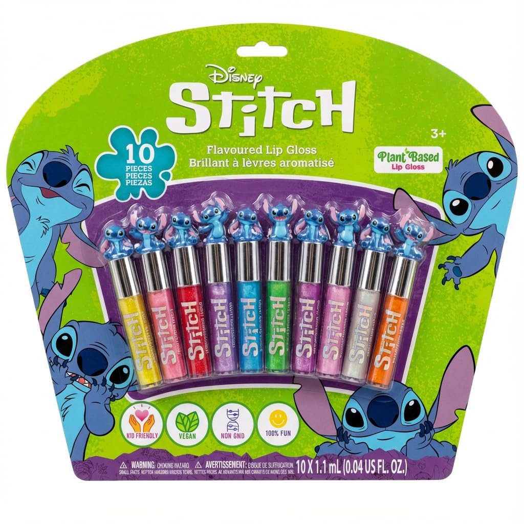 Disney Stitch 10 Piece Plant Based Lip Gloss, Girls Party Favors, First Makeup Set for Girl, Perfect for Parties, Sleepovers, and Birthday Gifts, Ages 3+, by Townley Girl