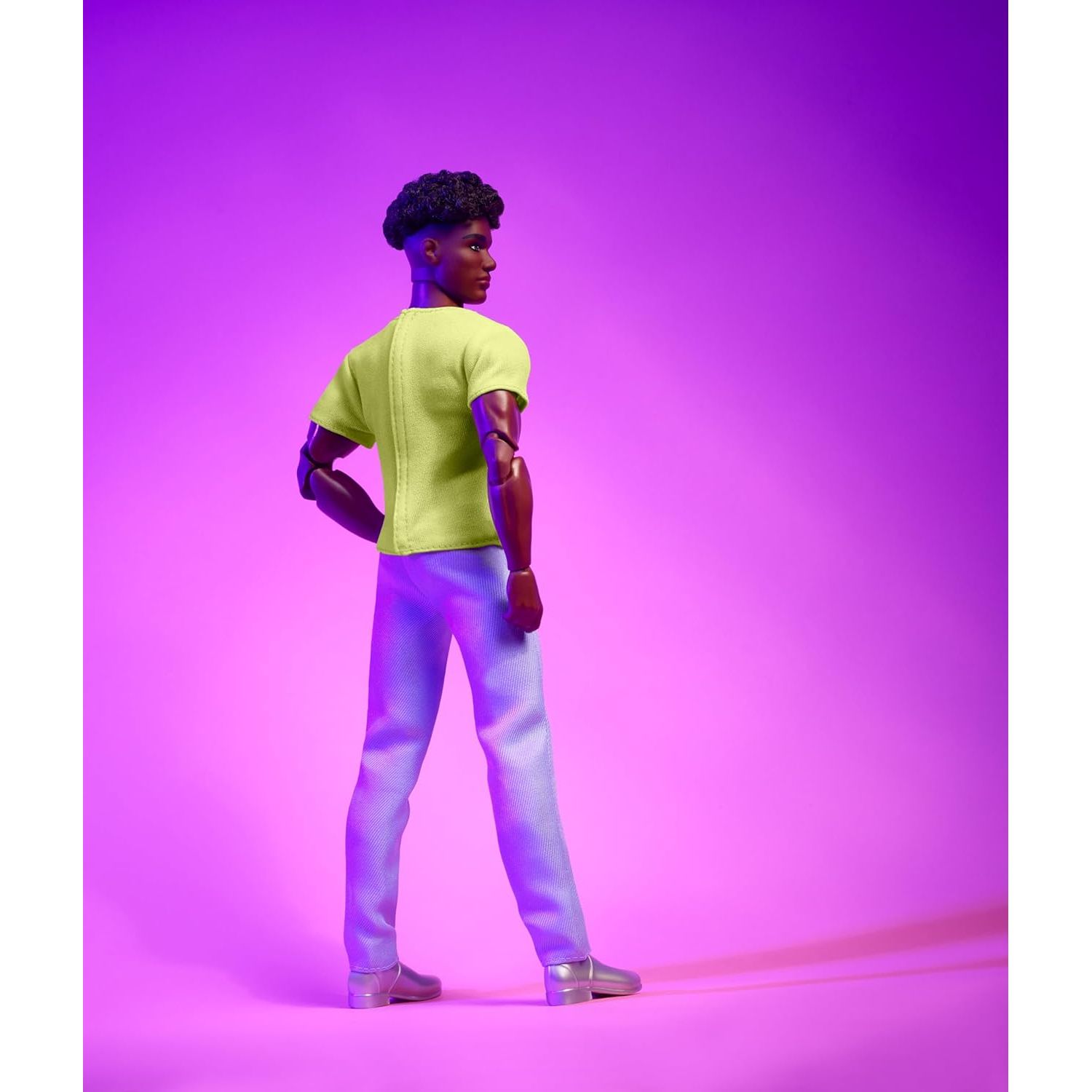 Barbie Looks Ken Doll, Collectible No. 25 with Curly Black Hair and Modern Y2K Fashion, Chartreuse Tee and Pastel Trousers with Silver Boots