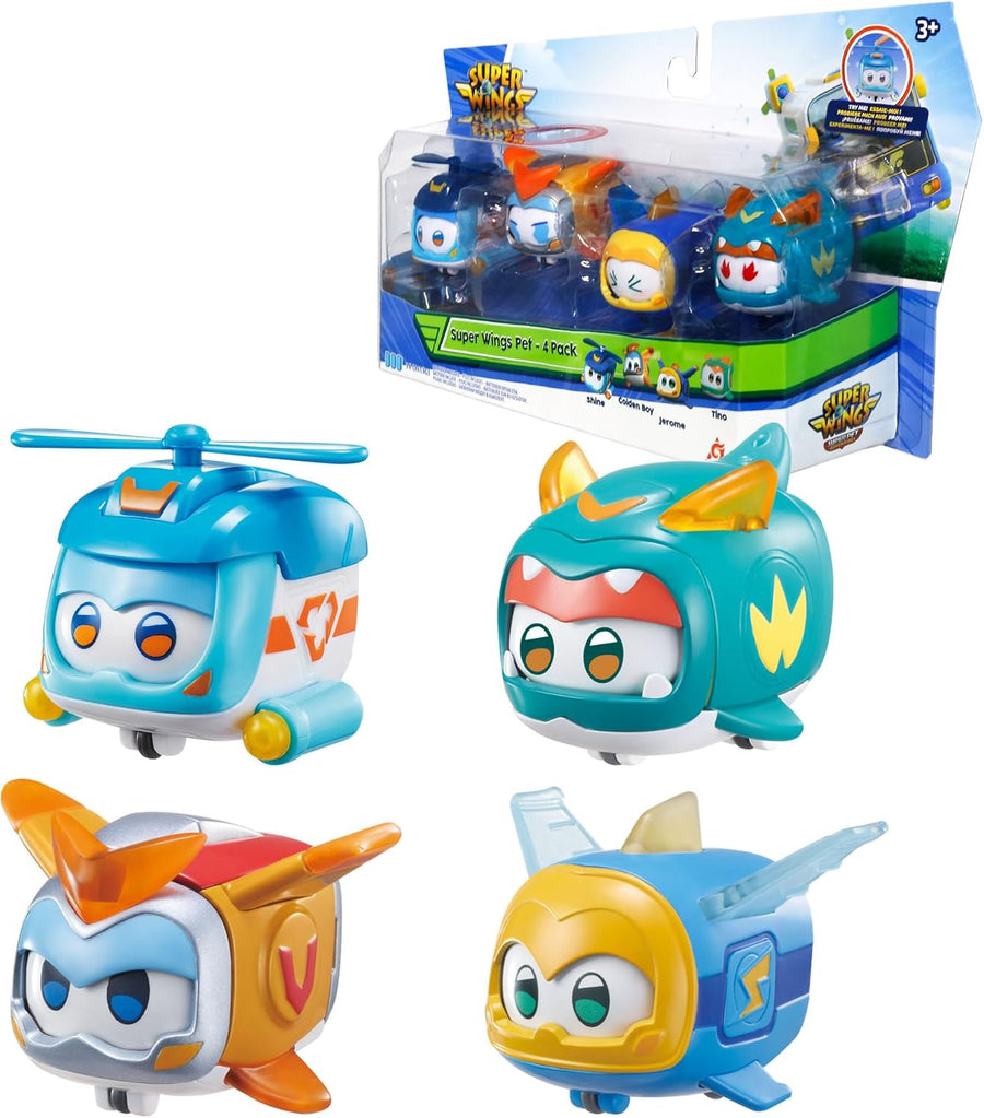 Super Wings Toys, 4 PCS Super Pet Sets, Glow and Face-Changing Transformer Toys Jerome Golden Boy Shine Tino Pet