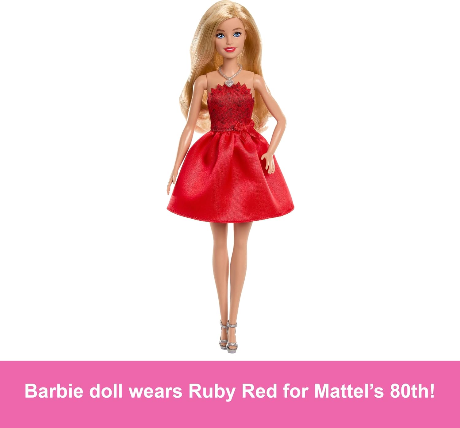 Barbie Mattel 80th Anniversary Ruby-Red Celebration Blonde Fashion Doll Wearing Red Dress with Silvery Shoes & Necklace