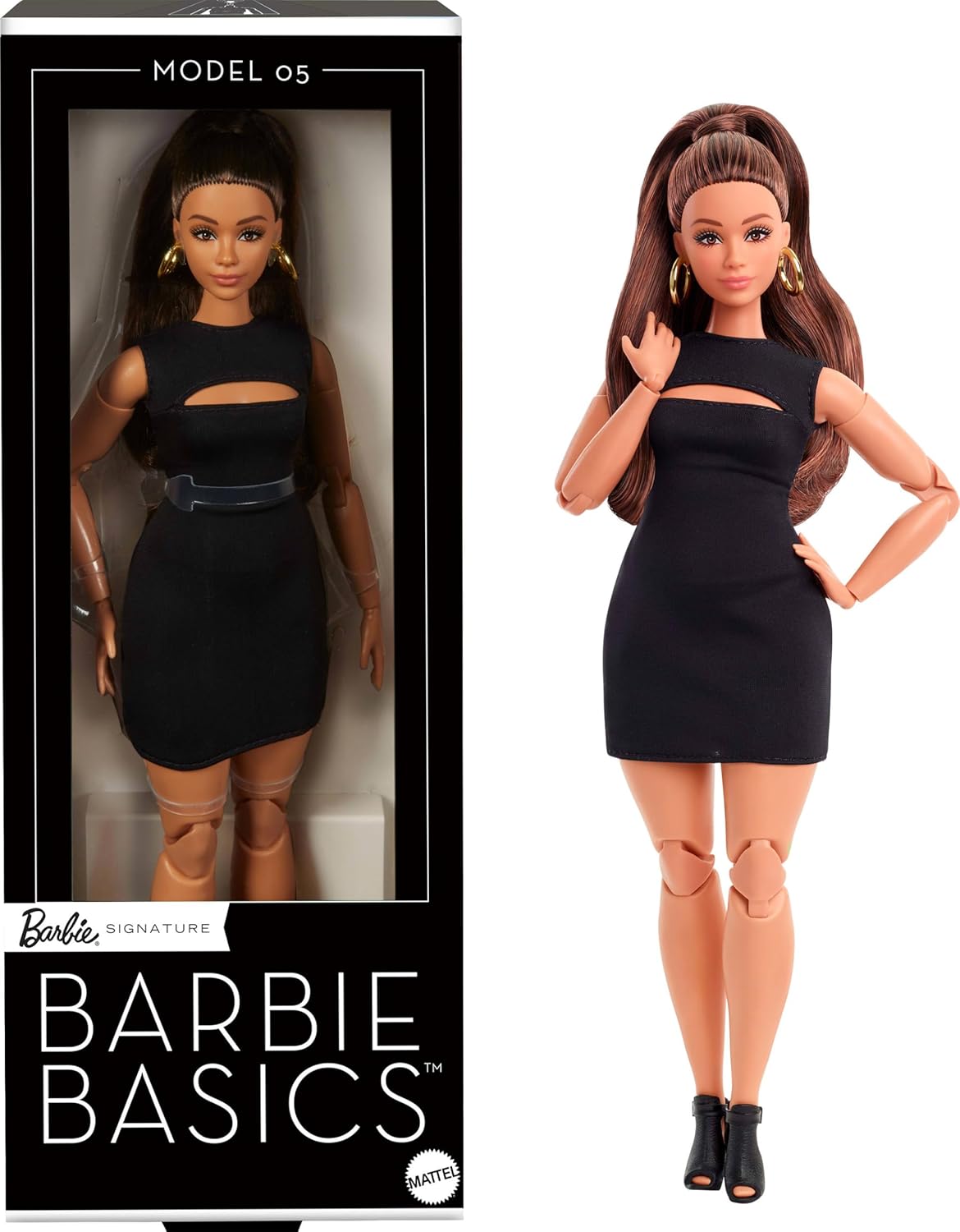 Barbie Basics Model 05 Collector Doll with Brunette Hair, Black Mini Dress & Heels, Universal-fit Fashions, Posable Curvy Body & Swappable Doll Head