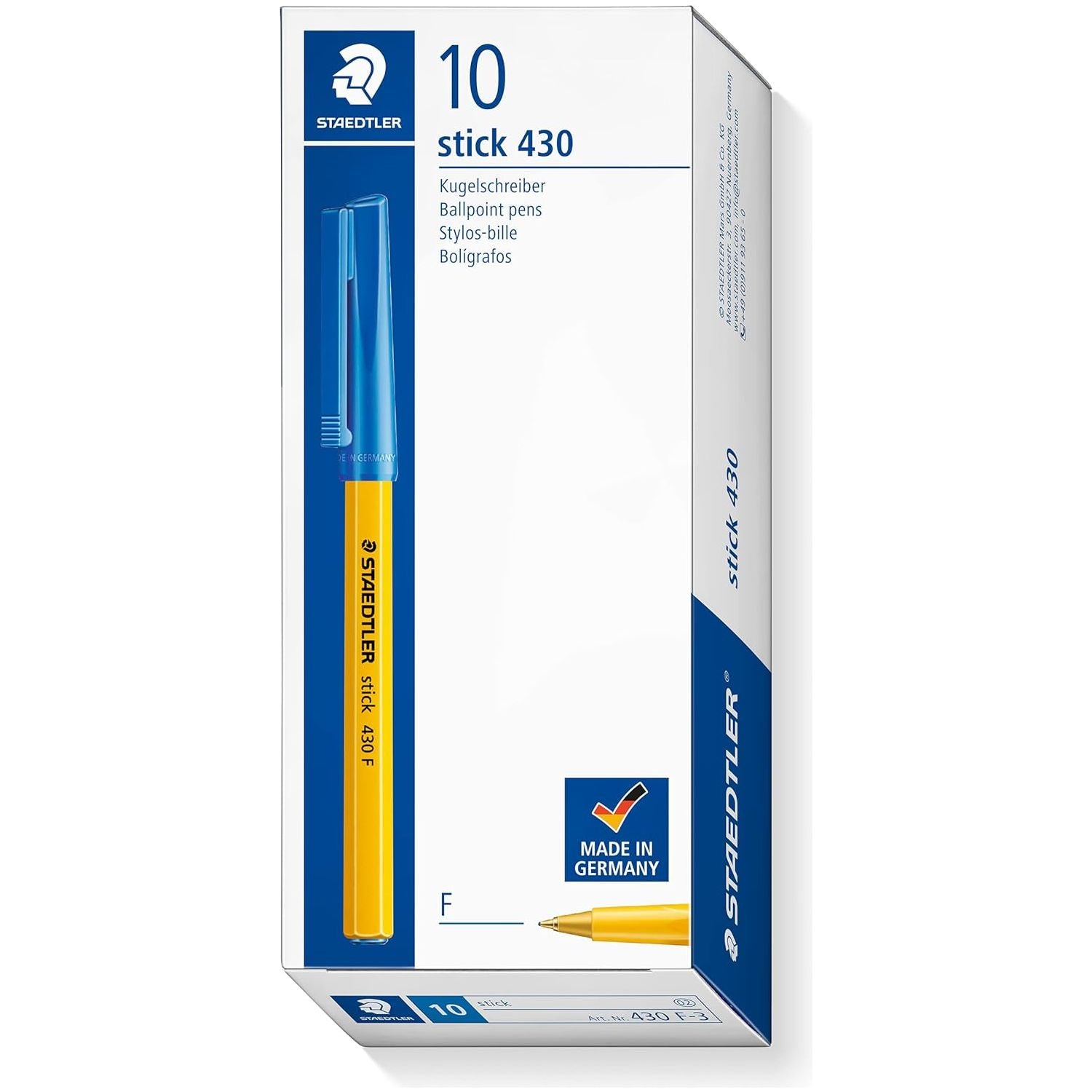 STAEDTLER Medium Stick 430 F-3 Ballpoint Pen Fine, Blue, Pack of 10