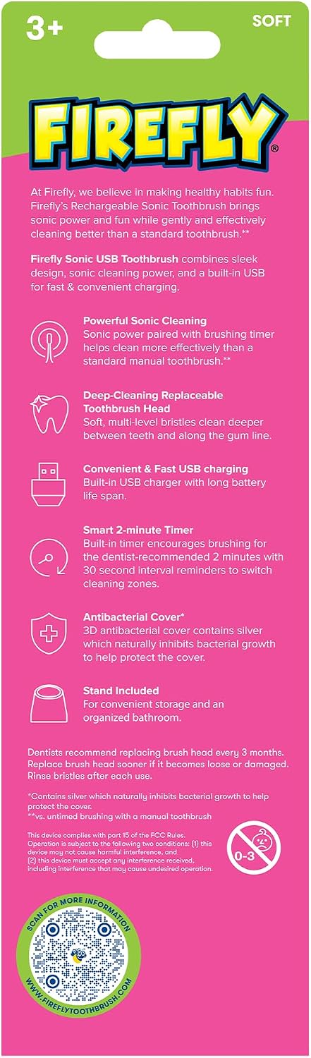 FIREFLY Slim Sonic Barbie Toothbrush, USB Charging, Antibacterial Cover