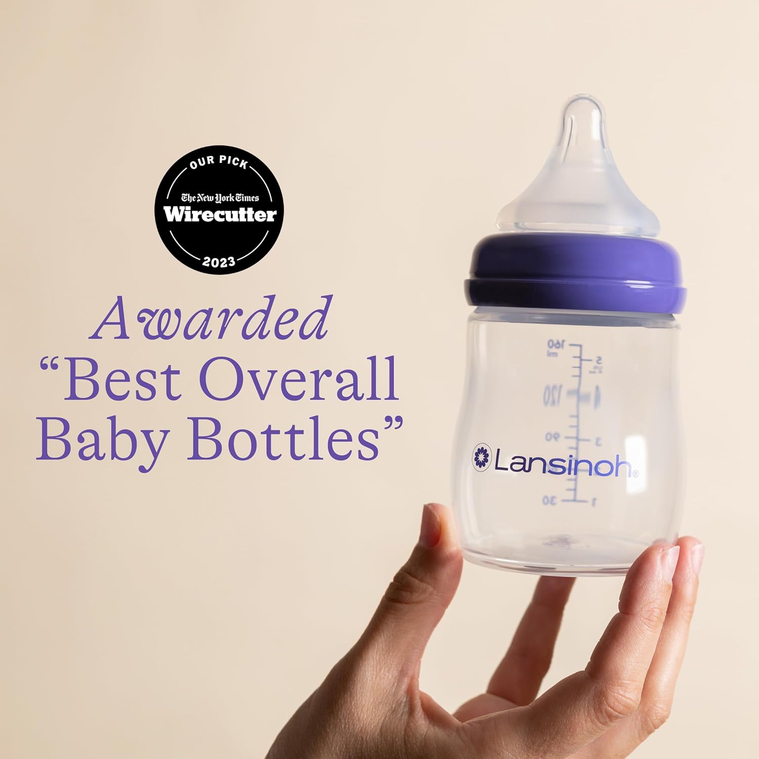 Lansinoh Anti-Colic Baby Bottle for Breastfeeding Babies, 5 Ounces, 1 Count, Includes 1 Slow Flow Nipple, Size S and Stackable Lid