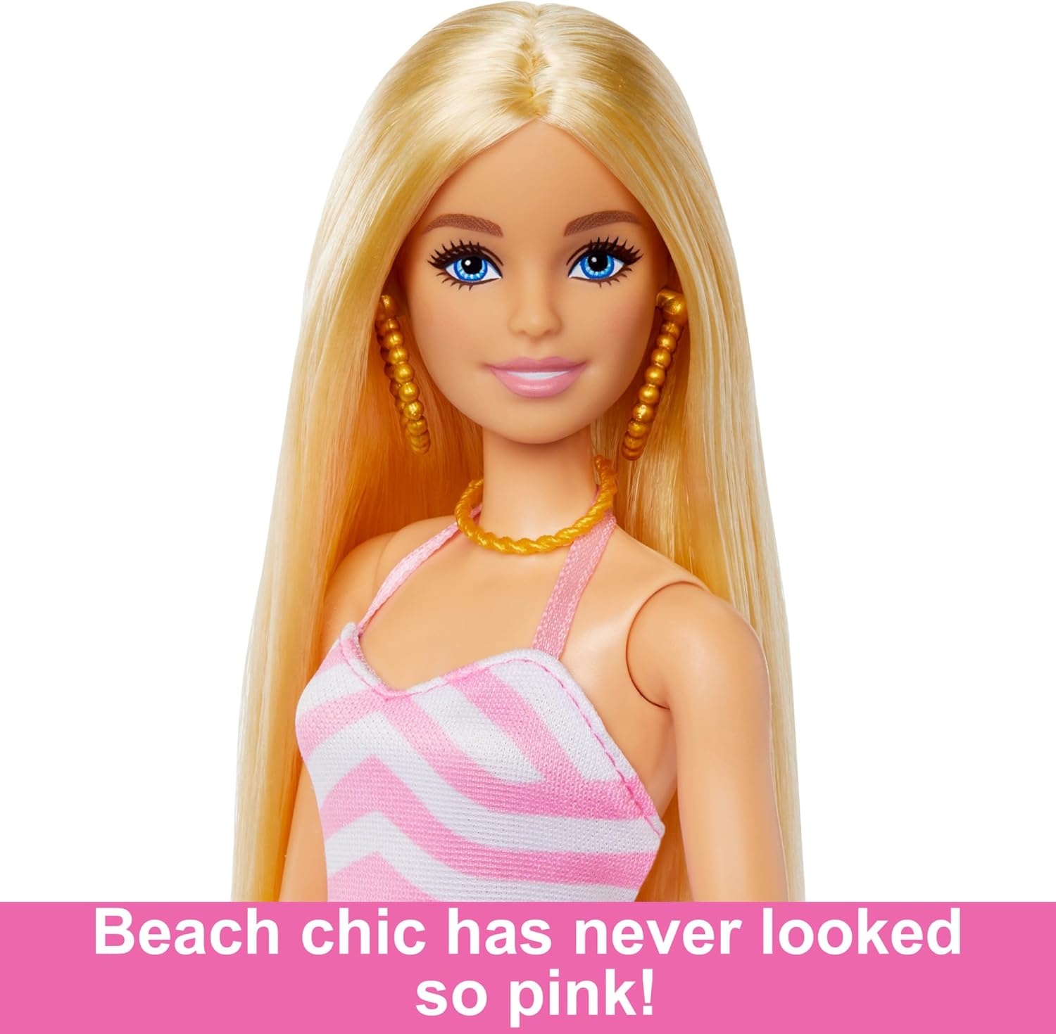 Mattel Barbie Beach Blonde Doll with Pink and White Swimsuit, Accessories, and Beach Bag
