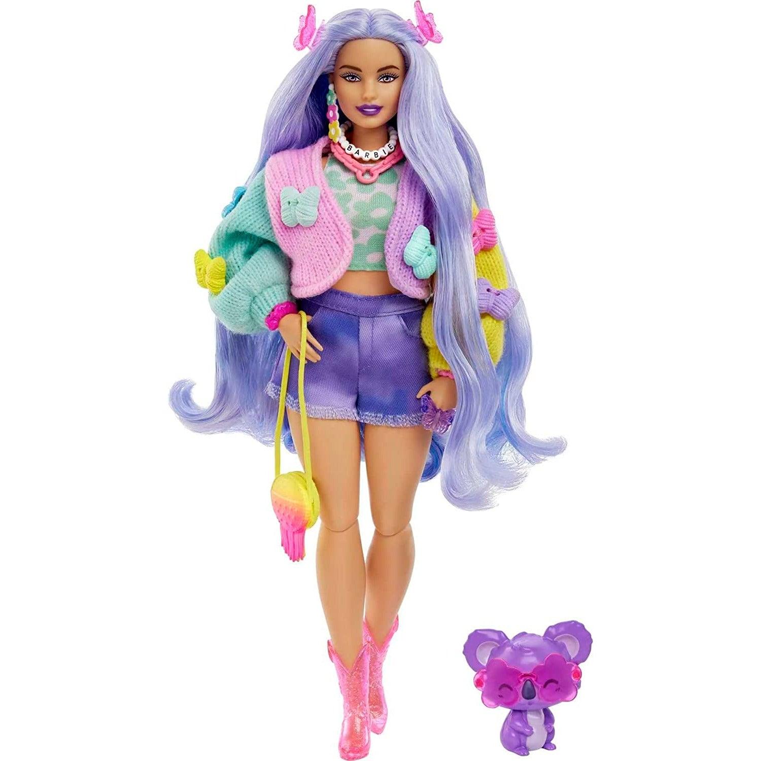 Barbie Extra #20 Doll & Accessories with Wavy Lavender Hair in Colorful Butterfly Sweater & Pink Boots with Pet Koala