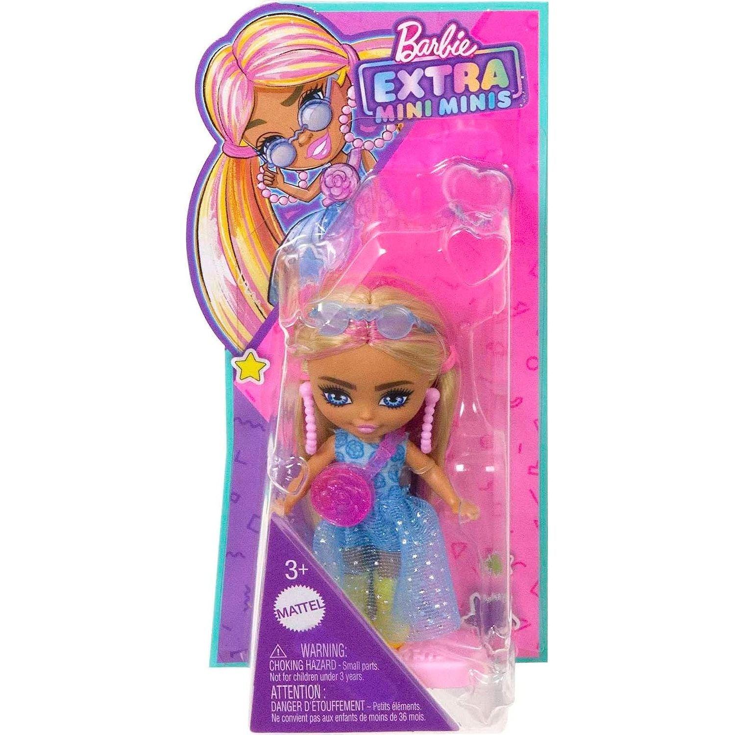 Barbie Extra Mini Minis Doll with Pink-Streaked Blonde Pigtails Wearing Blue Dress & Accessories & Stand, 3.25-inch