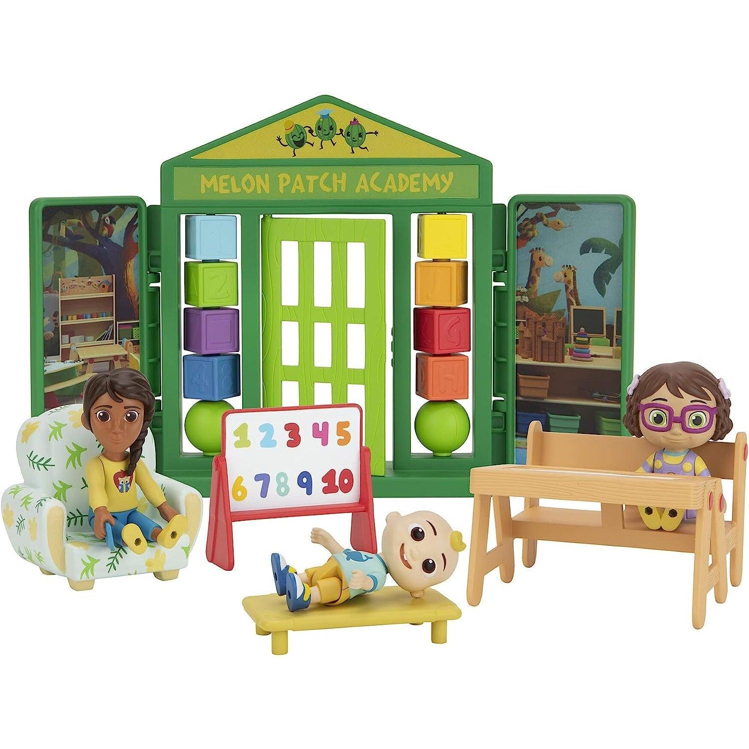 CoComelon School Time Deluxe Playtime Set - JJ, Bella, Ms. Appleberry The Teacher and 5 Accessories (Table, Cot, Armchair, Easel, Walls) - BumbleToys - 0-24 Months, Action Figures, Boys, Cocomelon, OXE, Pre-Order