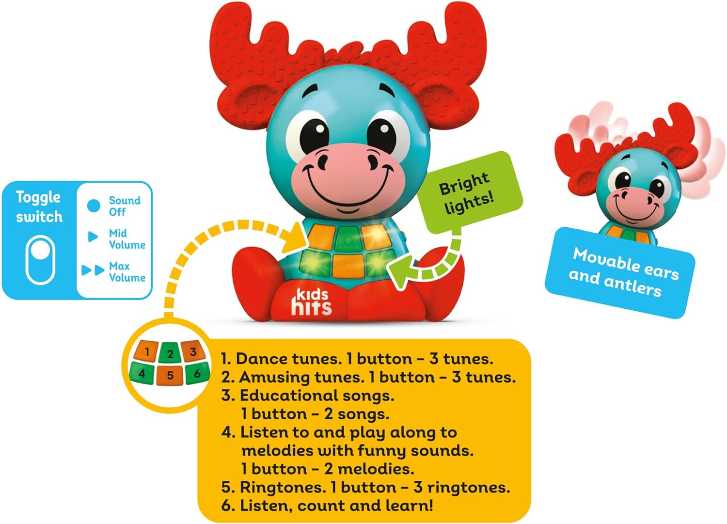Kids Hits Babykins Moose Interactive Toy Spark Joy and Learning for Kids 2 Years and Up - Bright Lights, Playful Tunes, and Educational Fun!
