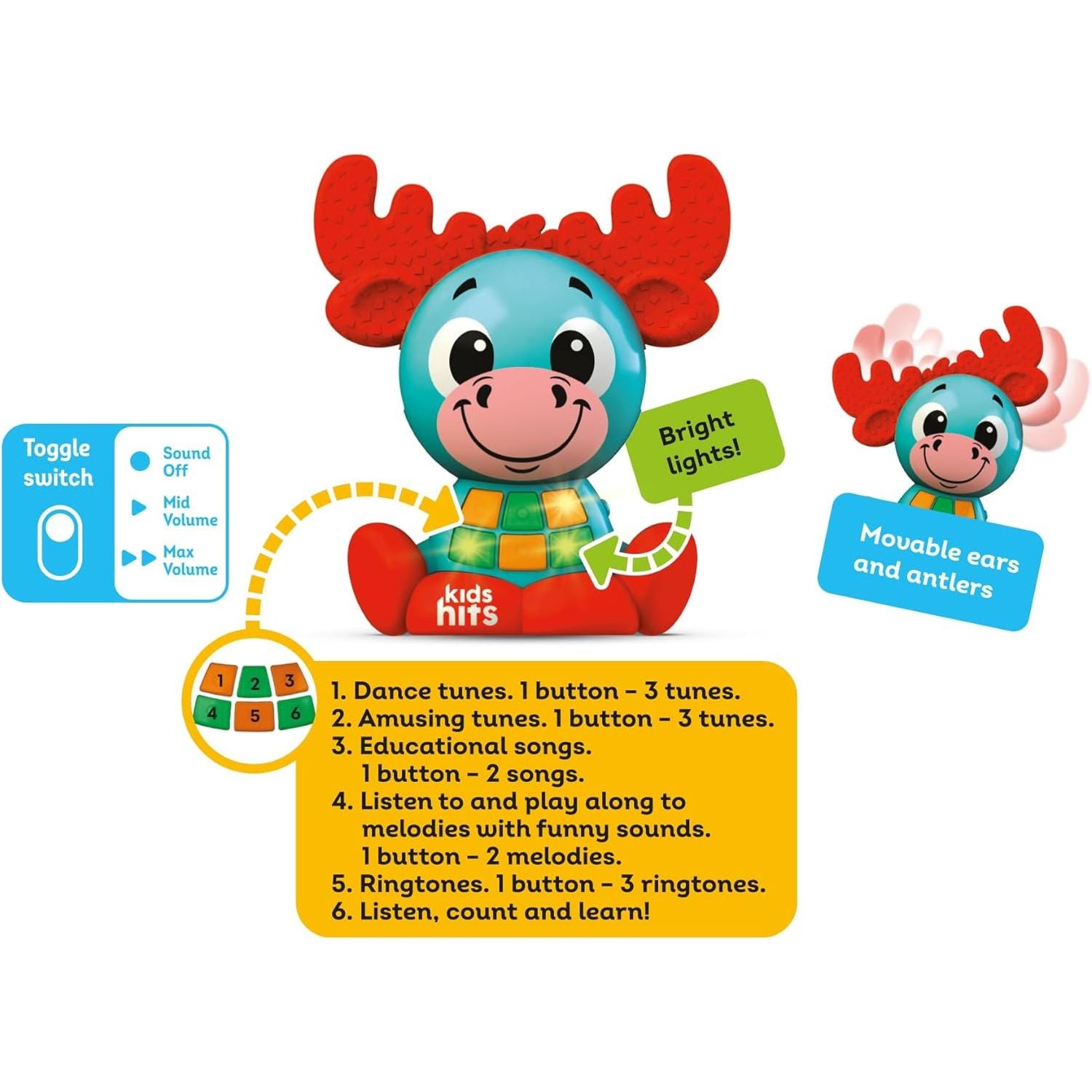 Kids Hits Babykins Moose Interactive Toy Spark Joy and Learning for Kids 2 Years and Up - Bright Lights, Playful Tunes, and Educational Fun!