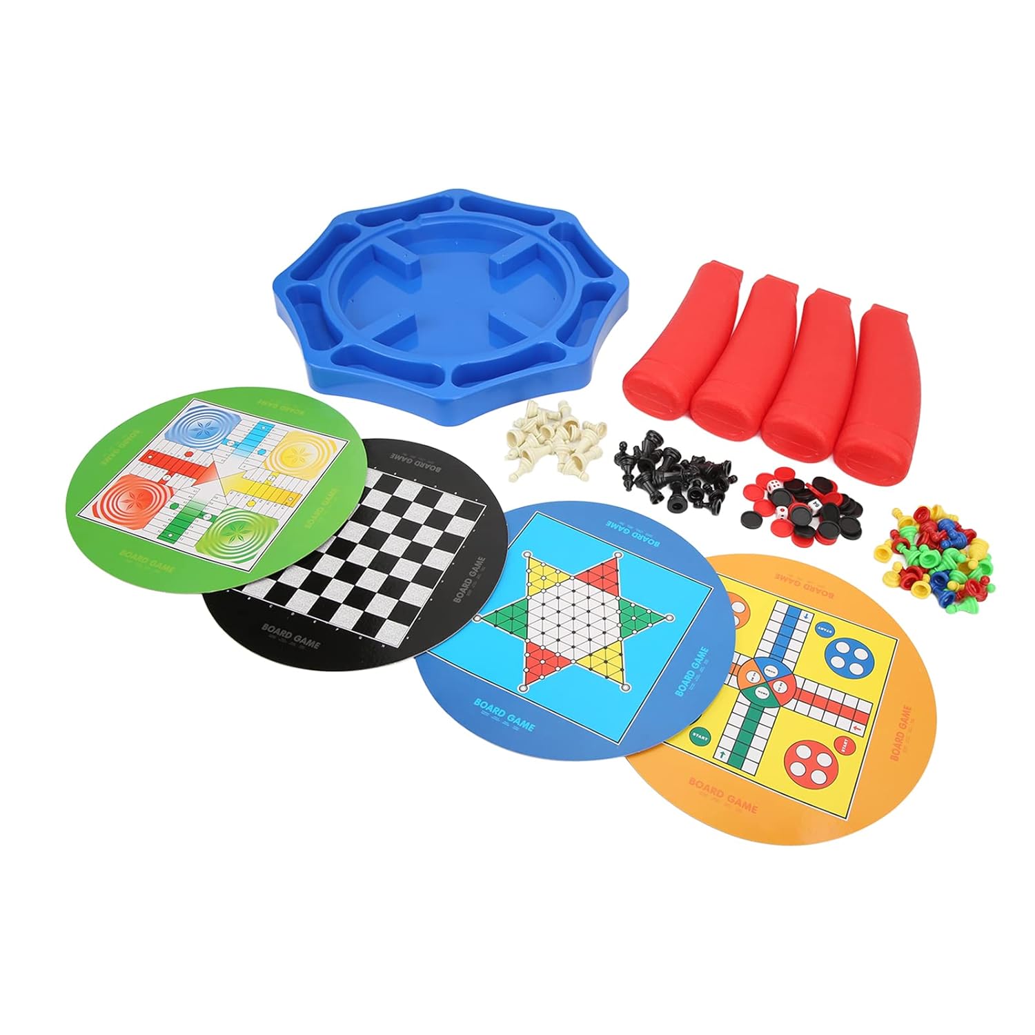 Collection of colorful game boards and pieces on a white background