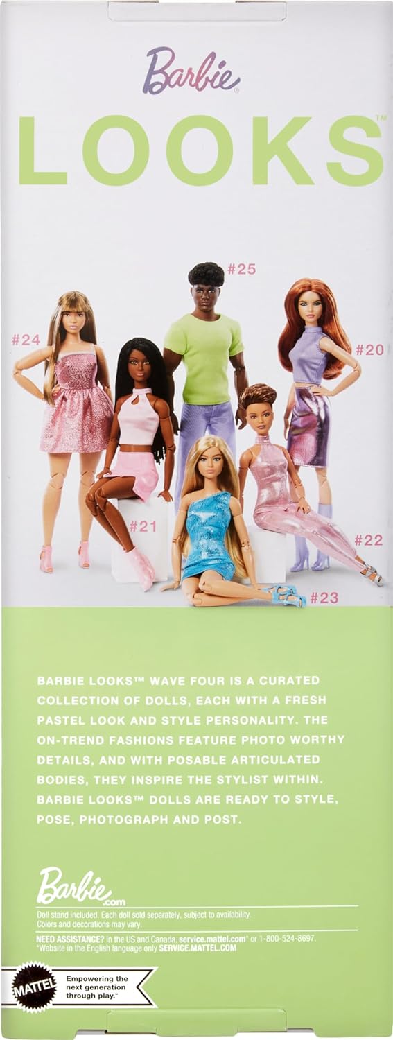دمية Barbie Looks Ken، رقم 25 القابلة للتجميع بشعر أسود مجعد وأزياء Y2K الحديثة، تي شيرت شارتروز وبنطلون باستيل مع حذاء فضي