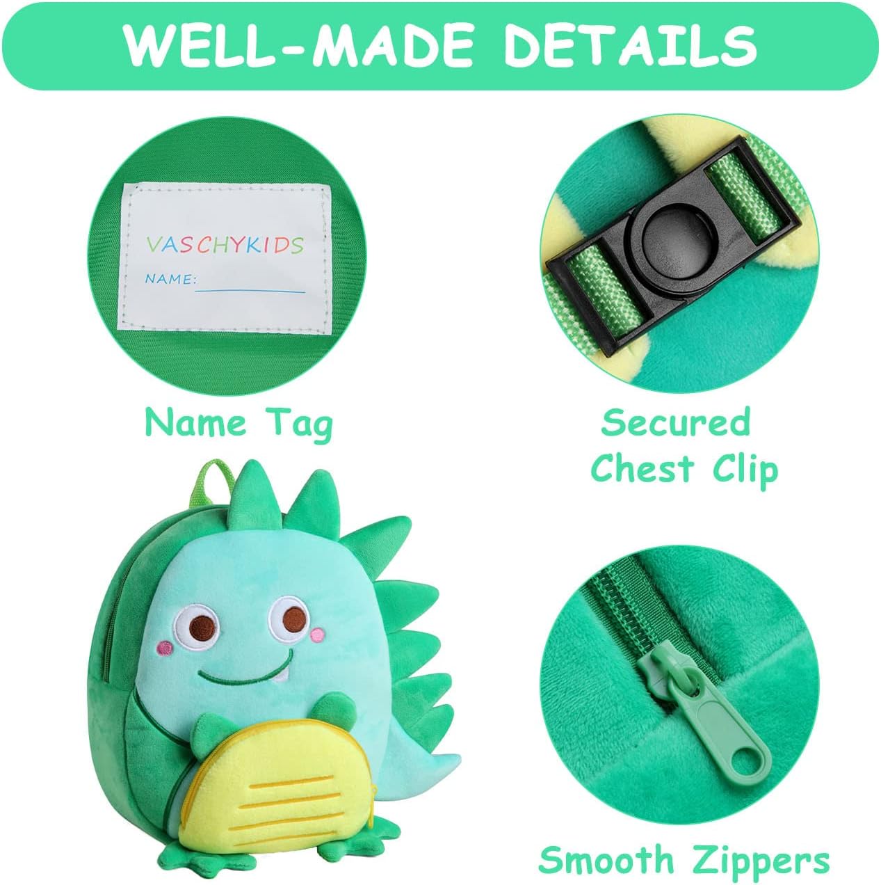 VASCHY Toddler Backpack, Baby Boys and Girls Cute Plush Animal Small Daycare Backpack for Baby Little Kids Smiling Dinosaur