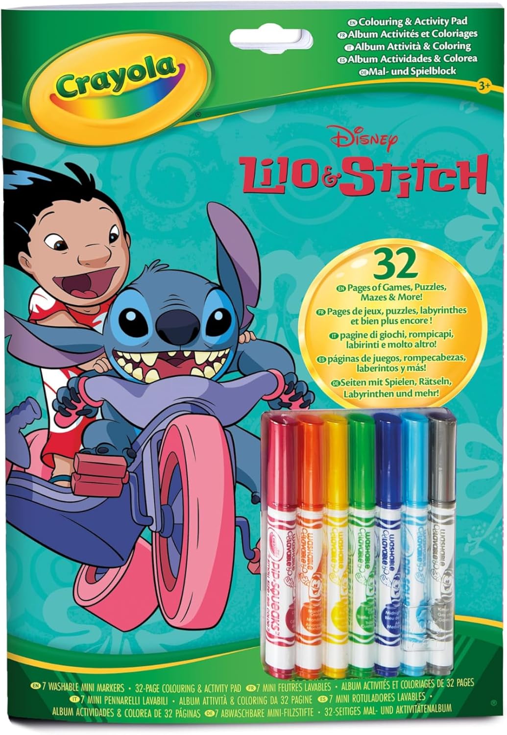 Crayola Lilo & Stitch Activity & Coloring Album, 32 Colouring Pages and 7 Mini Washable Felt Tip Pens
