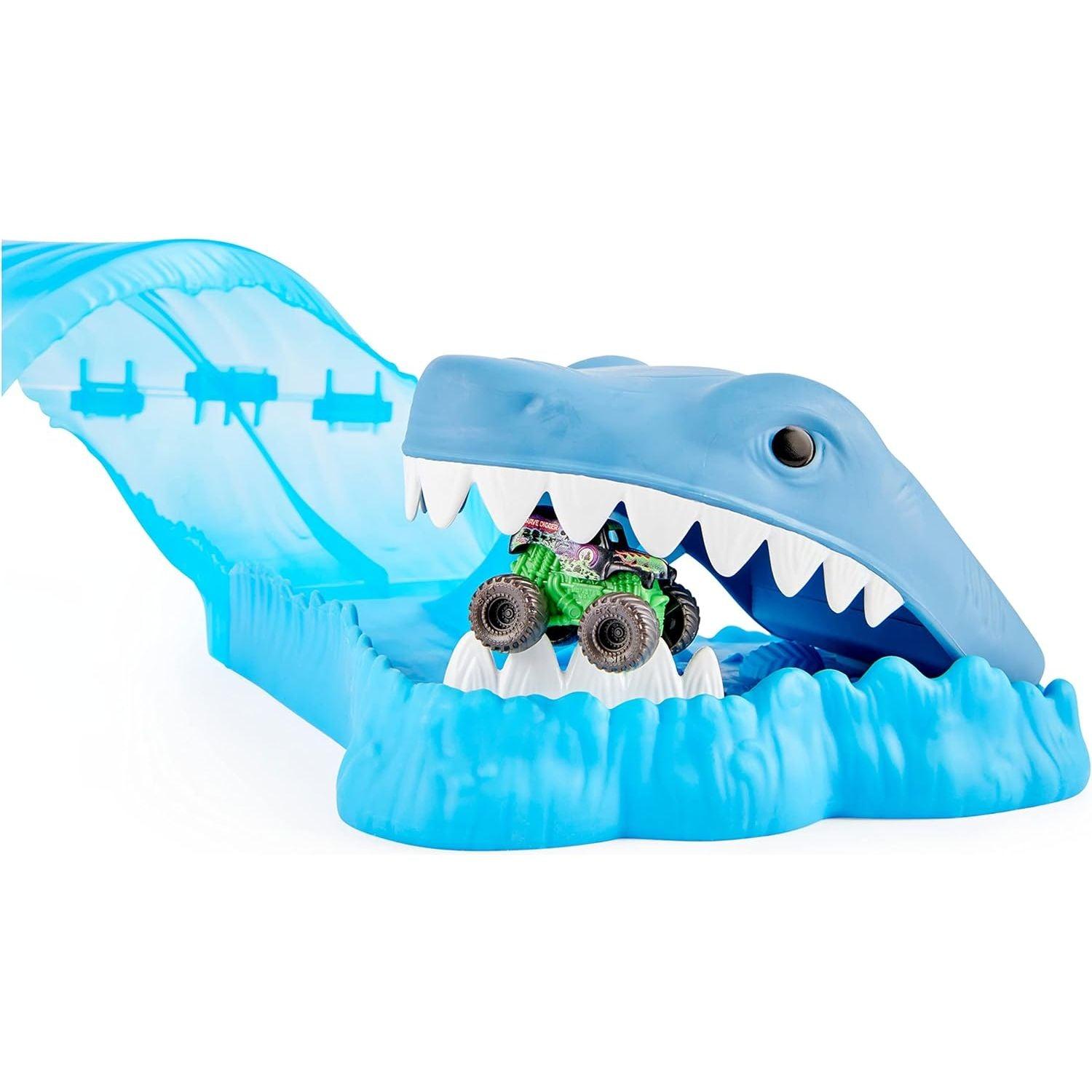 Spin Master Monster Jam, Mini Megalodon Race and Chomp Playset with 2 Monster Jam Mini Trucks, 1;87 Scale