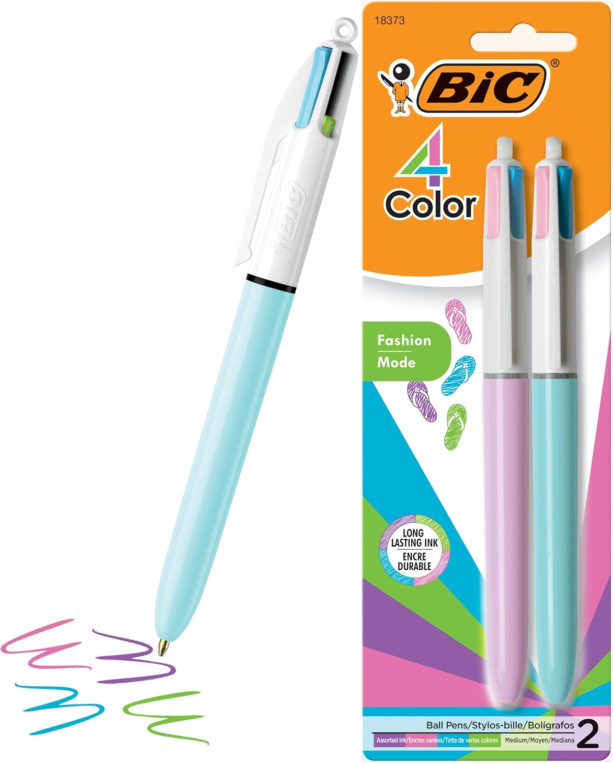 BIC 4 Color Fashion Retractable Ballpoint Pen with 1.0 mm Medium Point and Assorted Ink, 2-Count Pack
