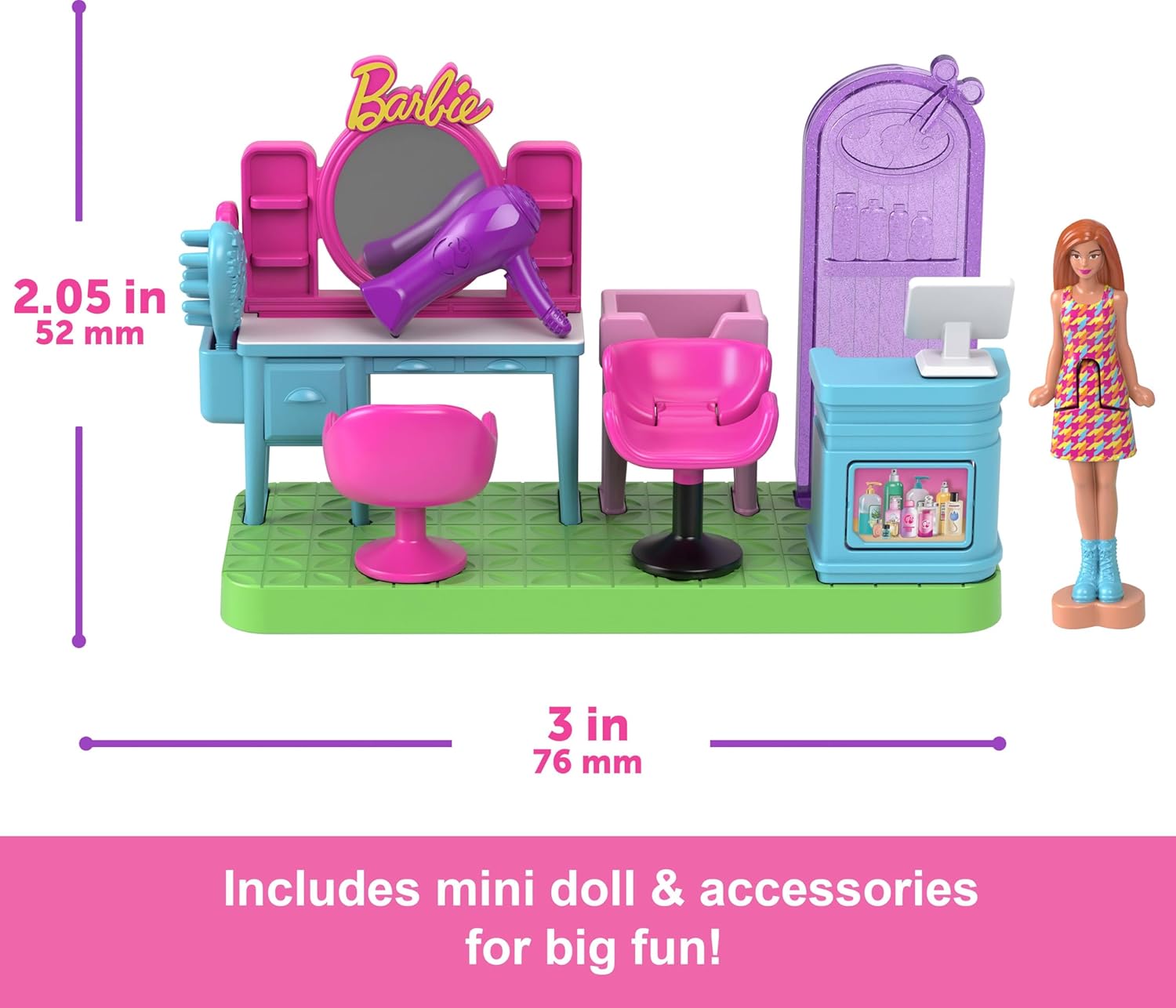 Barbie Mini BarbieLand Collectible Hair Salon Playset with 1.5-Inch Doll, Style Station with Mirror, Shampoo Area and Reception Desk for Storytelling Play