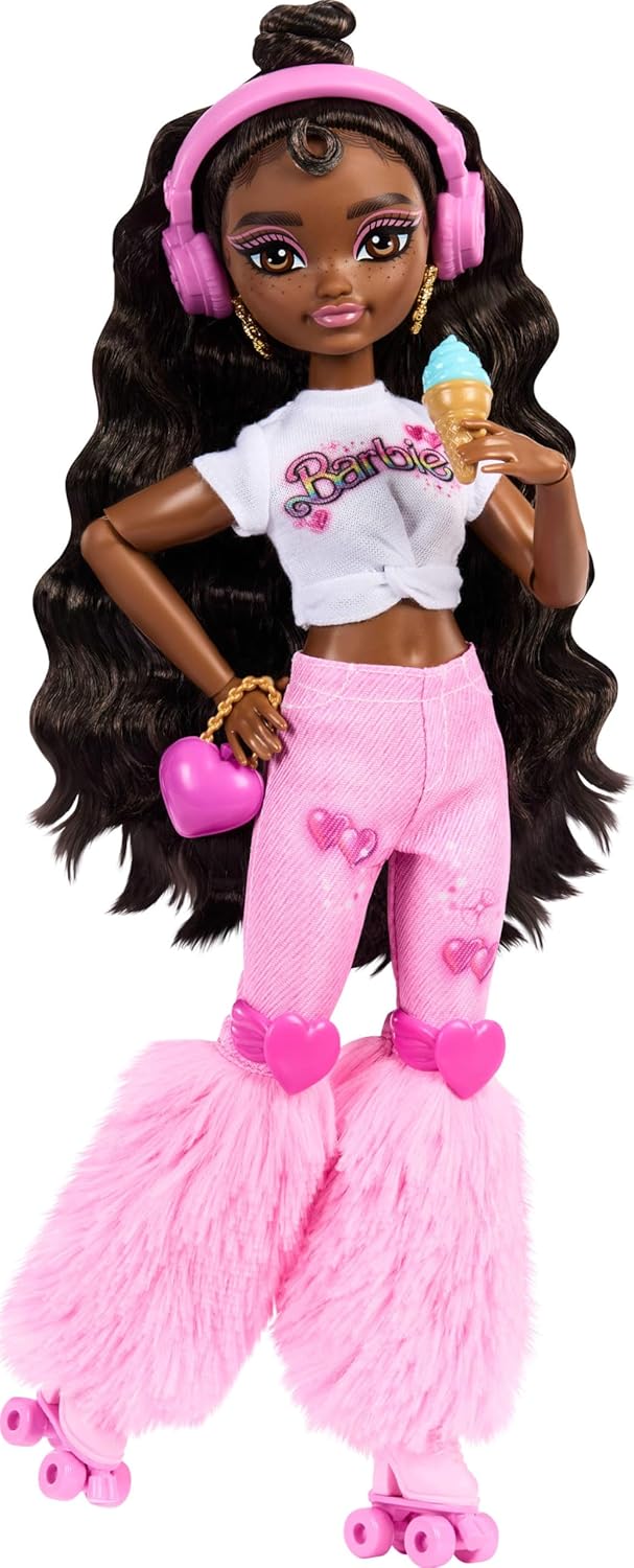 Barbie Dream Besties Doll and Accessories, Barbie Brooklyn” Posable Roller Skating Fashion Doll with Dark Brown Hair, 9 Music & Video Themed Pieces