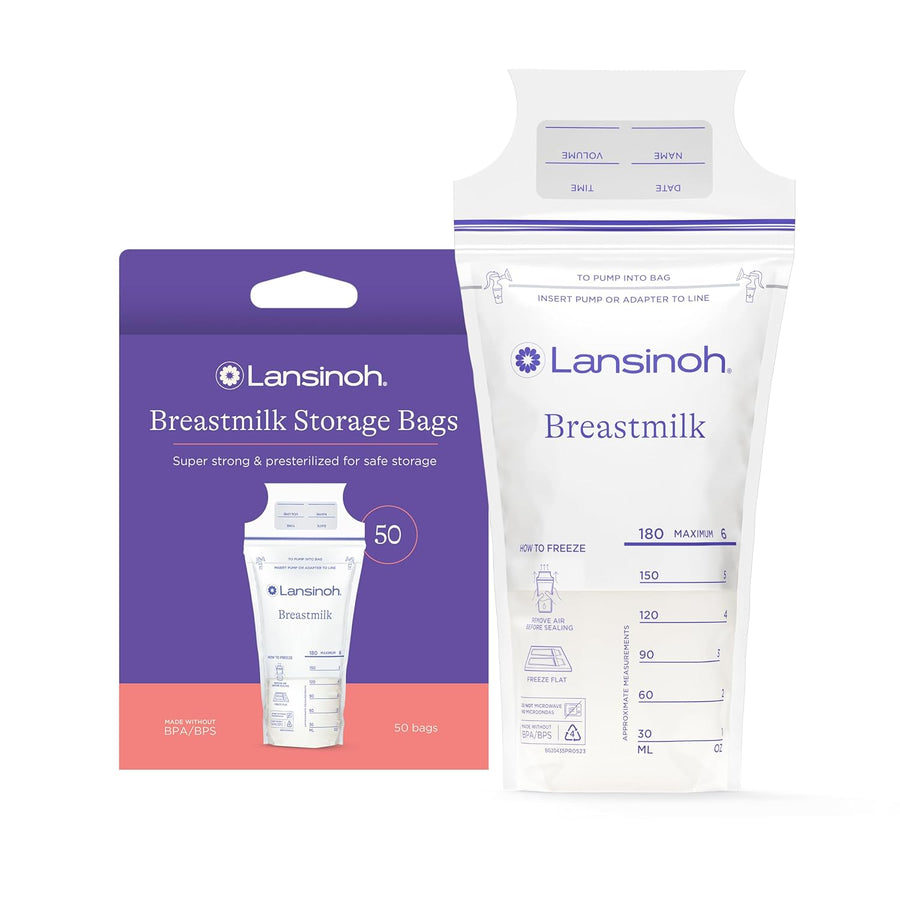 Lansinoh Breastmilk Storage Bags, 50 Count, Baby Essentials, Easy to Use Disposable Breastmilk Storage Bag, Airtight, Zipper Closure, Resealable, Refrigeration & Freezer Safe, BPA/BPS Free - 6 Ounce