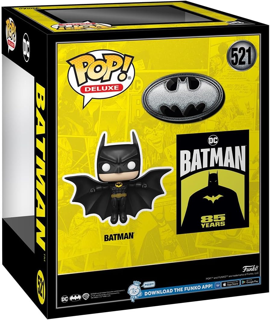 Funko Pop! Deluxe Batman figure packaging with yellow background and Batman logo.
