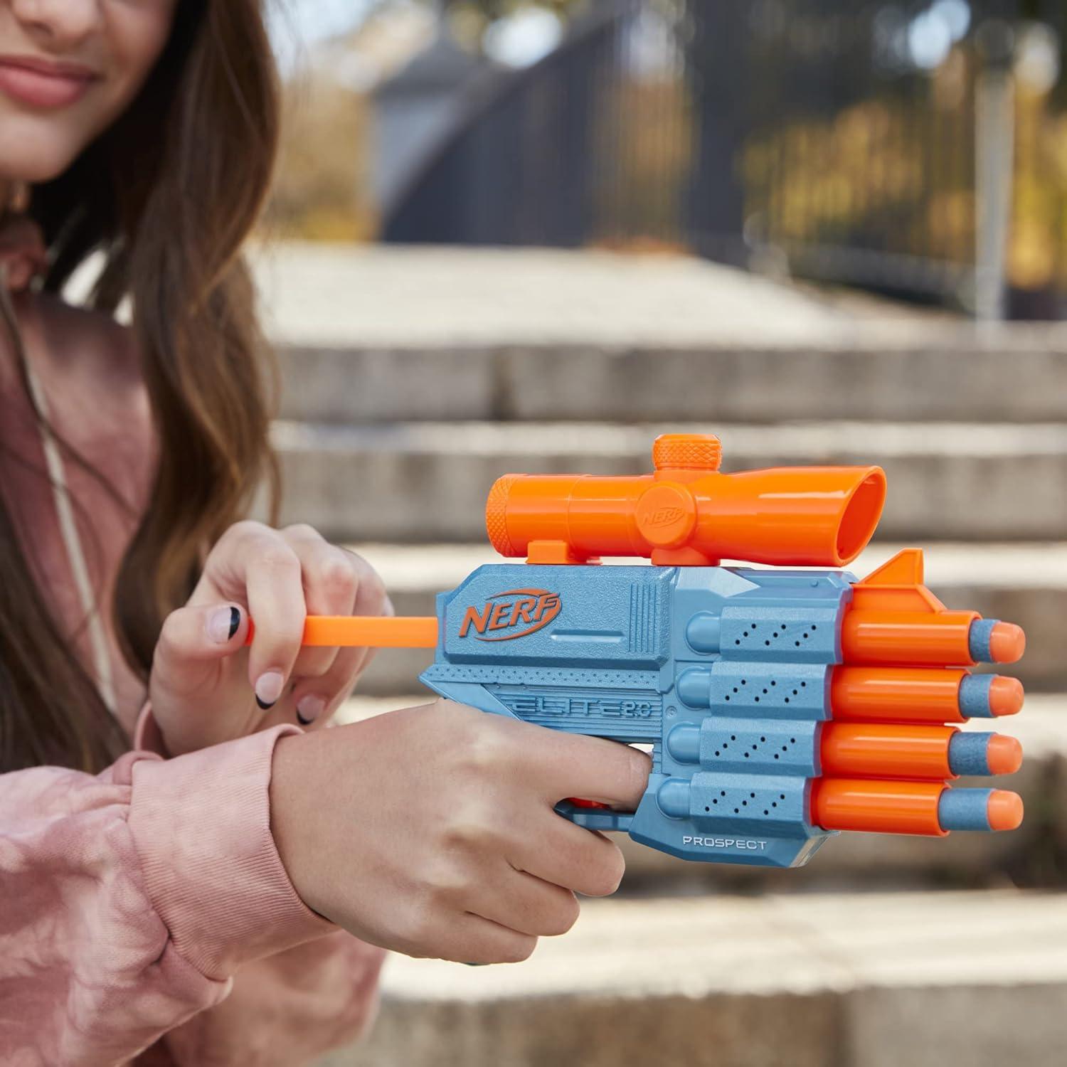 Hasbro Nerf Elite 2.0 Prospect QS-4 Blaster, 8 Official Nerf Elite Darts, 4-Dart Blasting, Non-Removable Targeting Scope