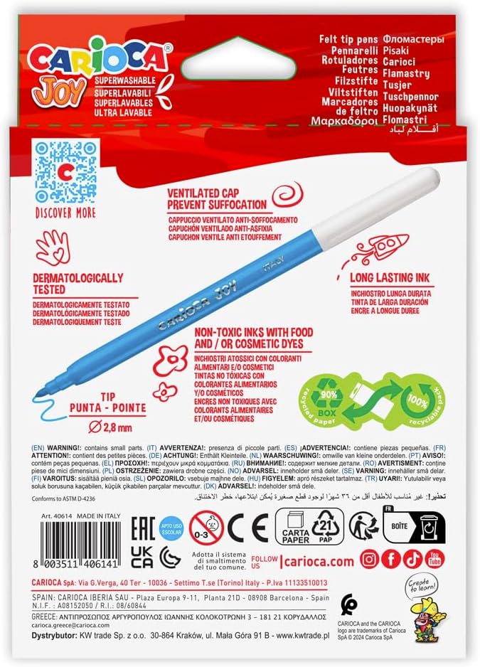 Carioca super washable fine nib color markers - set of 12