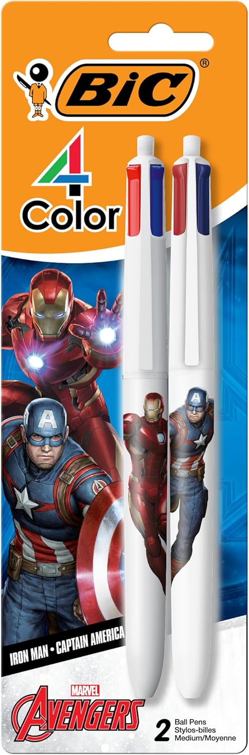 BIC 4 Color Retractable Ballpoint Pen with Marvel's Avengers Characters, Wide Barrel for Comfort, 2-Count in Assorted Ink