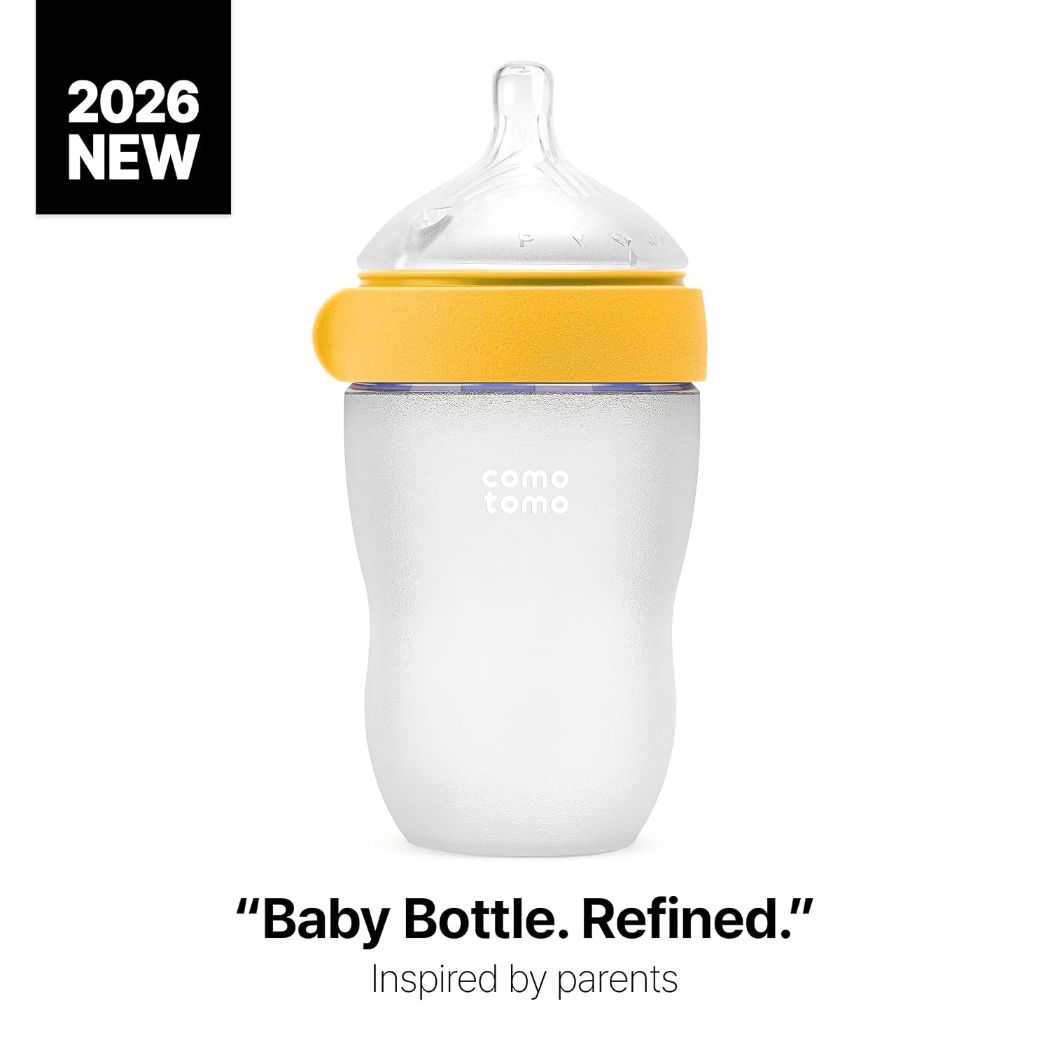 Comotomo Silicone Baby Bottle Gen 2 – 2026 Release (8oz) – Soft, Wide-Neck Bottle for Comfortable Feeding with Dual Anti Colic Vents (Includes Medium Flow Nipples), Yellow