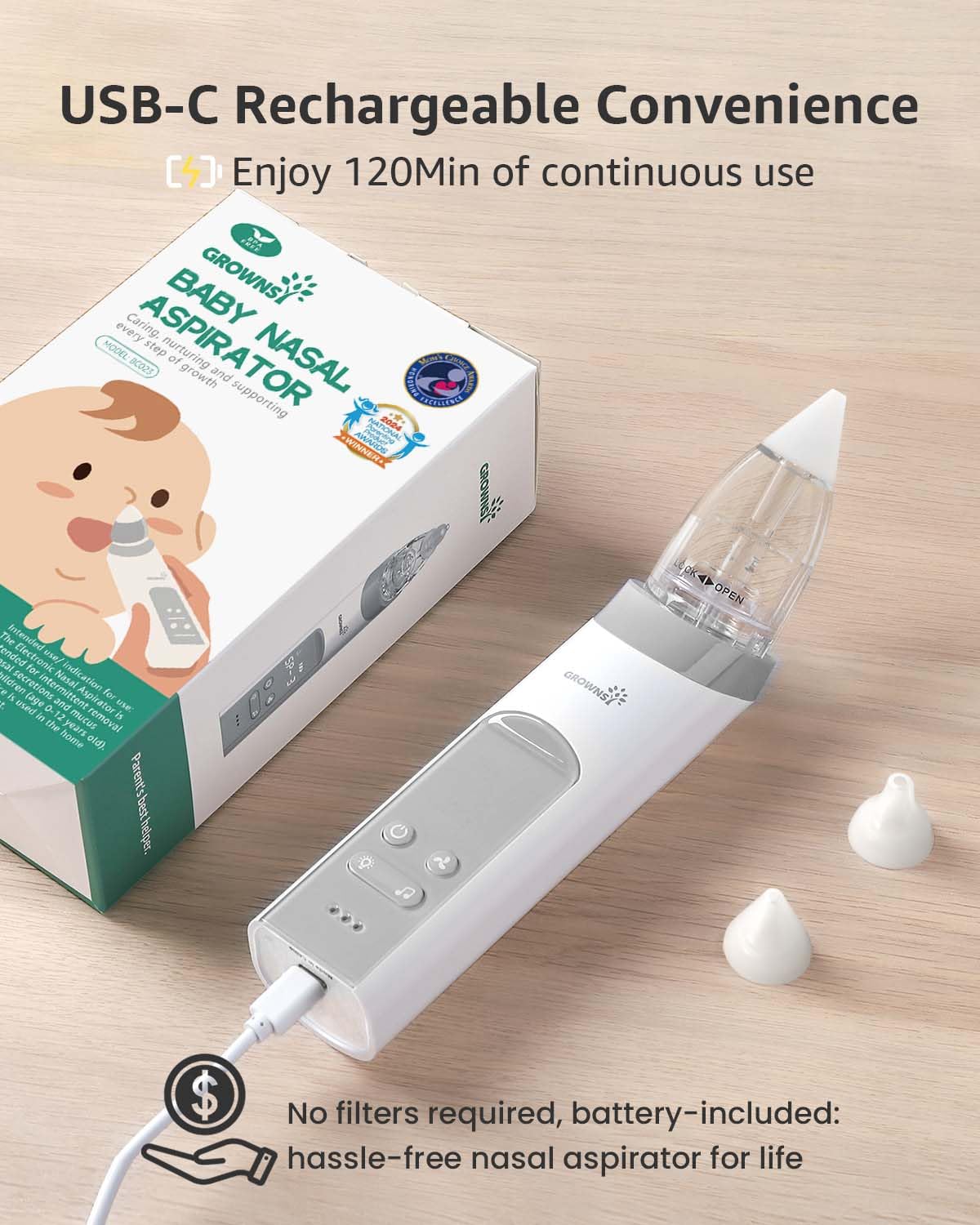 GROWNSY Nasal Aspirator for Baby, Electric Baby Nose Sucker with Larger Suction Chamber and More Powerful Suction with Music and Light Soothing Function