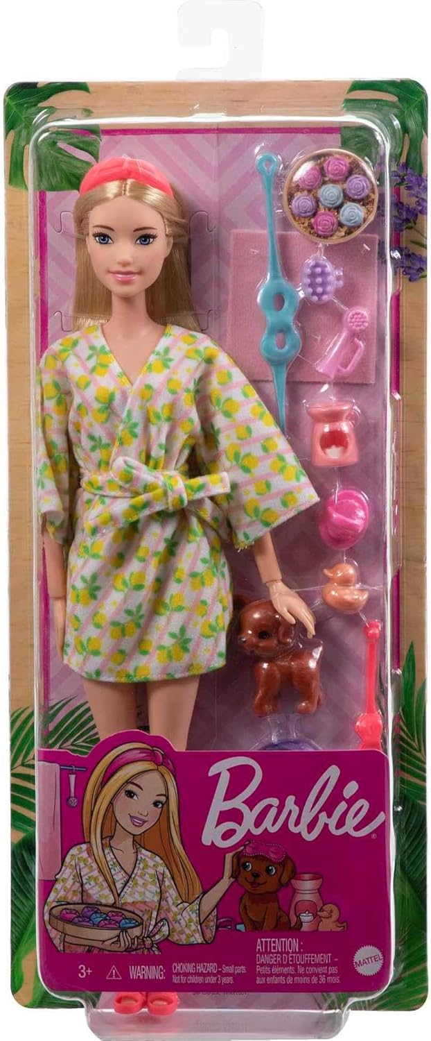 Barbie Self-Care Doll, Blonde Posable Spa Day Doll in Lemon Bathrobe with Puppy & Accessories Like Headband & Eye-Mask