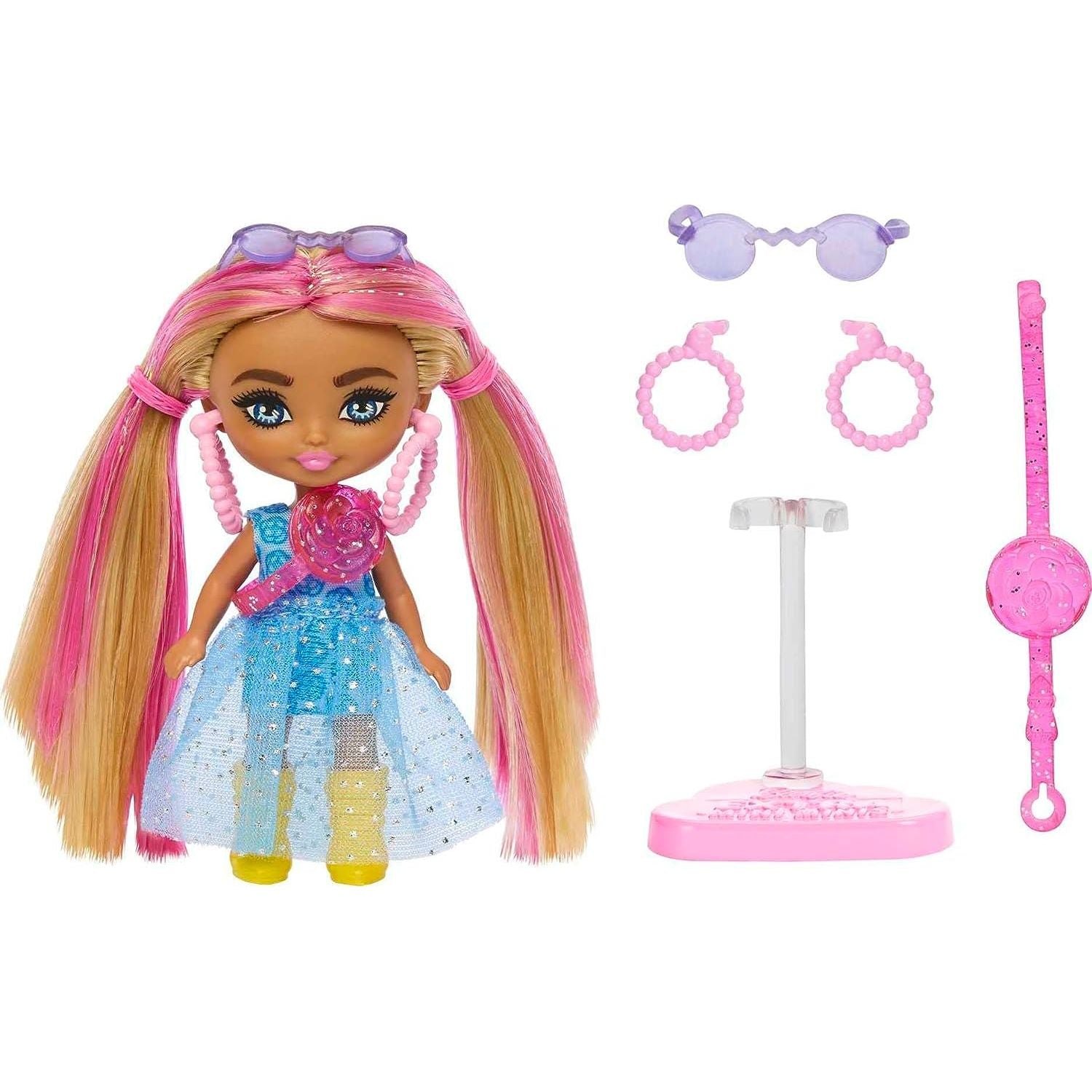 Barbie Extra Mini Minis Doll with Pink-Streaked Blonde Pigtails Wearing Blue Dress & Accessories & Stand, 3.25-inch