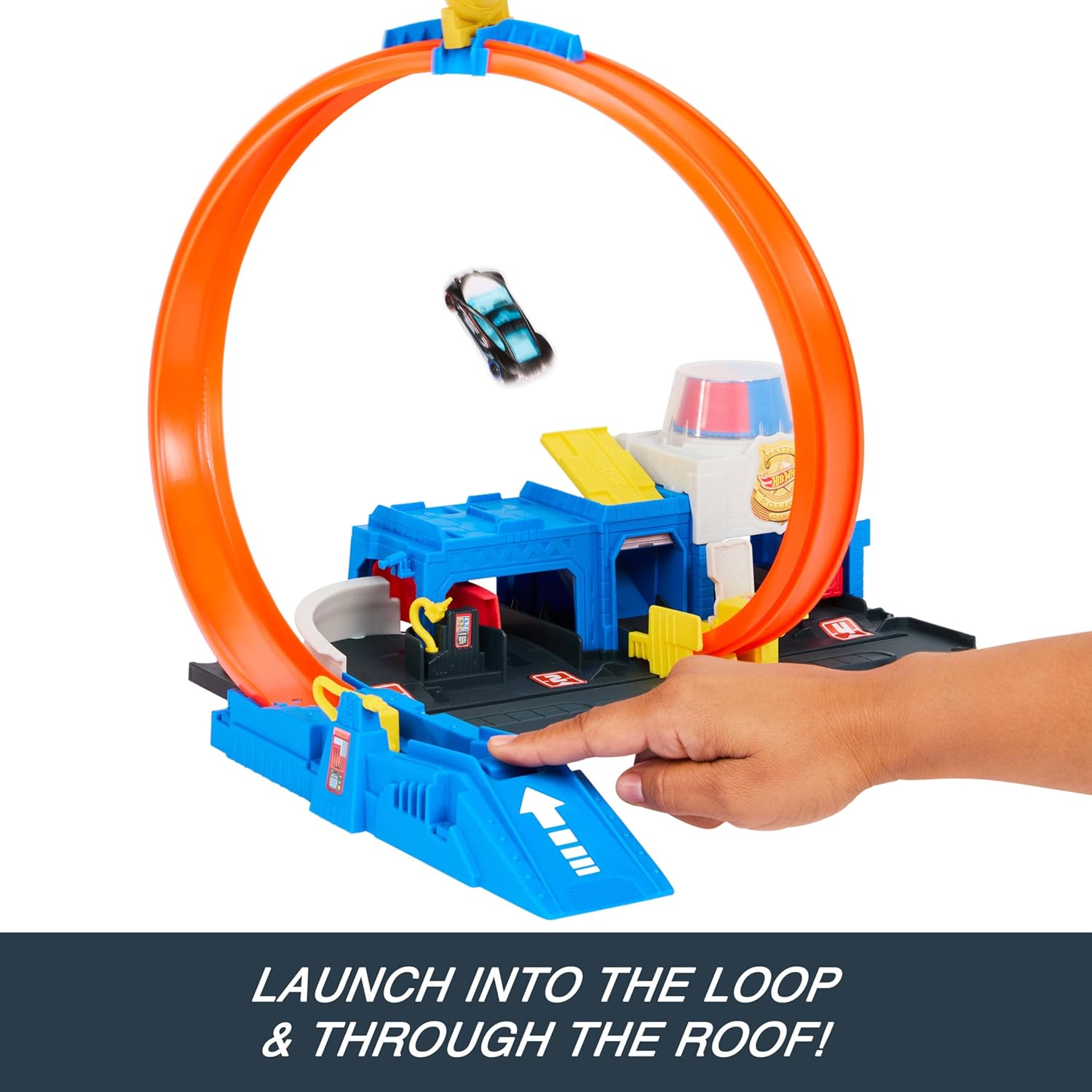 مجموعة مسار سيارة لعبة هوت ويلز، مجموعة لعب مركز شرطة سوبر مع مركبة مصبوبة بمقياس 1:64، حلقة قابلة للتعديل لطرق متعددة للسباق والألعاب البهلوانية 