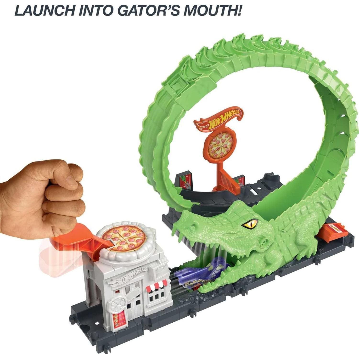 مجموعة مسار سيارة لعبة هوت ويلز، مجموعة ألعاب هجوم حلقة التمساح في مكان البيتزا مع سيارة بمقياس 1؛64، تتصل بمجموعات أخرى