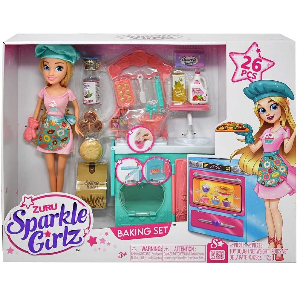 ZURU Sparkle Girlz Sparkle Girlz Baking Set Compact Playset Compact Miniature Baking Set Playset with Accessories, Includes Baking Doll with Outfit and Kitchen Utensils - 26 Pieces
