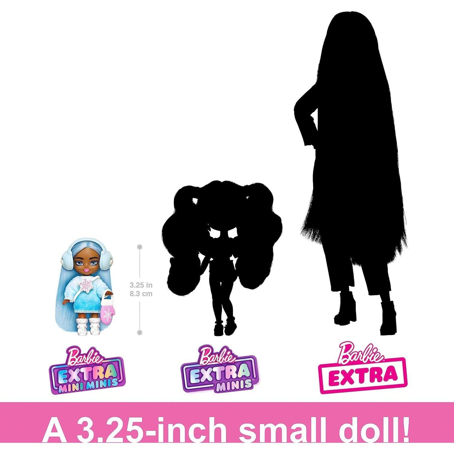 دمية باربي إكسترا ميني مينيس للسفر مع أزياء وإكسسوارات الشتاء، دمية باربي إكسترا فلاي الصغيرة