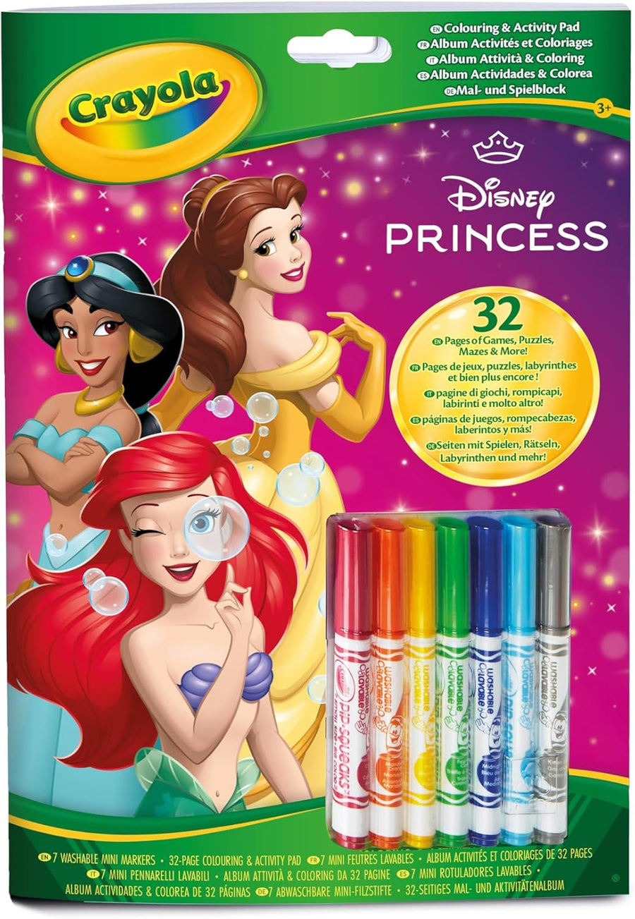 CRAYOLA - Disney Princess Activity & Coloring Album, 32 Colouring Pages and 7 Mini Washable Markers