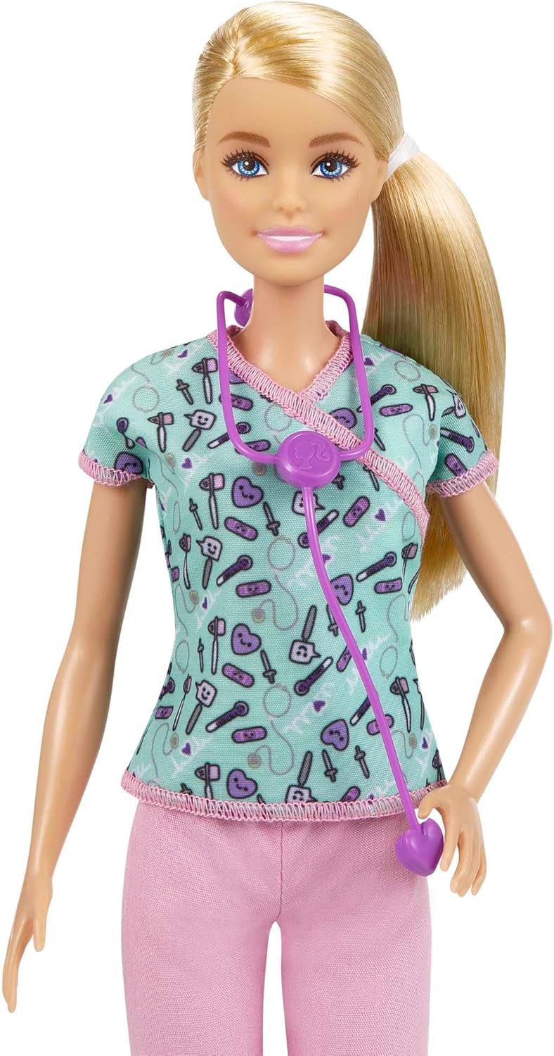 Mattel Barbie Nurse Fashion Doll Dressed in Medical Scrubs, White Shoes & Stethoscope Accessory