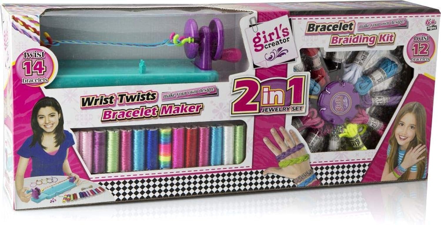 مجموعة مجوهرات 2 في 1 من جيرلز كريتور - أداة صنع أساور المعصم الملتوية ومجموعة التضفير - مجموعة صنع أساور الصداقة بنفسك مع خيوط وخرز ملون - هدية إبداعية للأعمار من 6 سنوات فما فوق