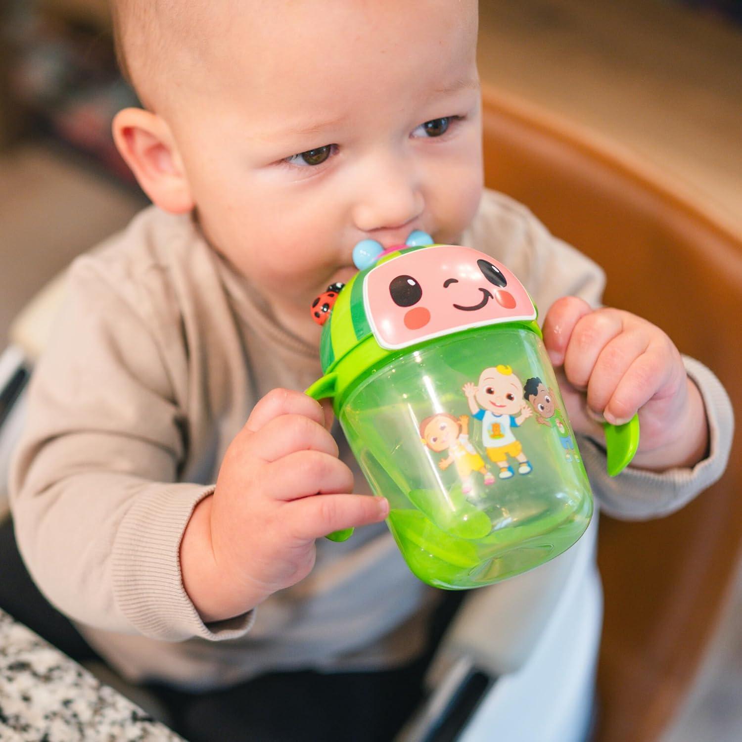 The First Years Cocomelon Weighted Straw Cup - Spill Proof Toddler Straw Cups with Flip Top Cover - Transition Sippy Cups - Toddler Feeding Supplies - 7 Oz - Ages 6 Months and Up