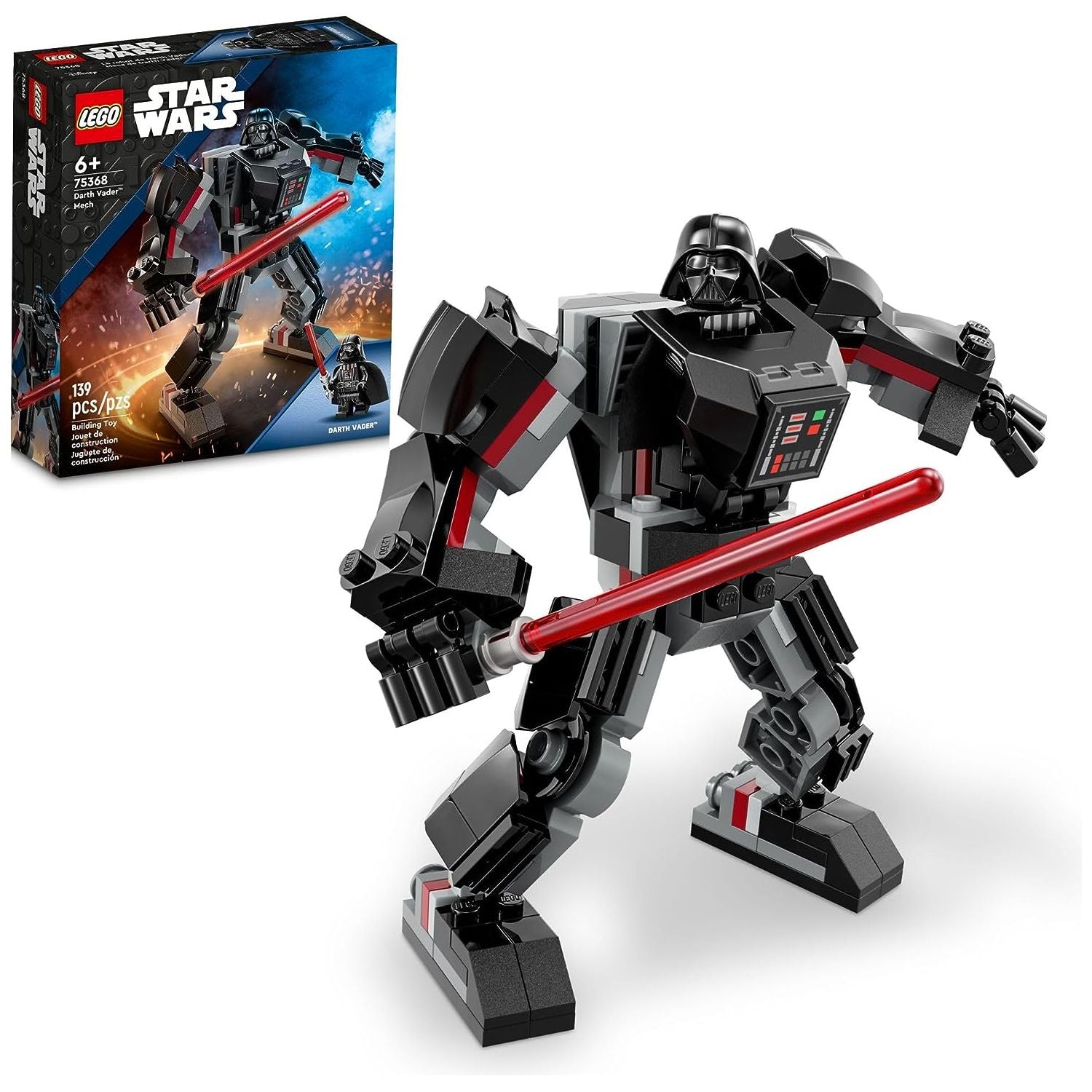 LEGO 75368  Star Wars Darth Vader Mech Buildable Star Wars Action Figure, This Collectible Star Wars Toy for Kids Ages 6 and Up Features an Opening Cockpit, Buildable Lightsaber and 1 Minifigure