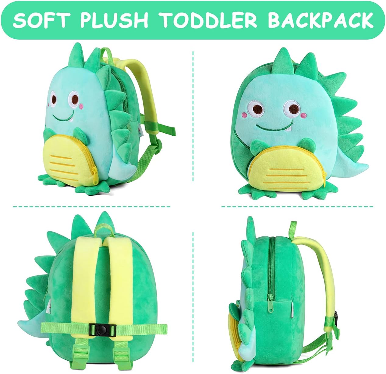 VASCHY Toddler Backpack, Baby Boys and Girls Cute Plush Animal Small Daycare Backpack for Baby Little Kids Smiling Dinosaur