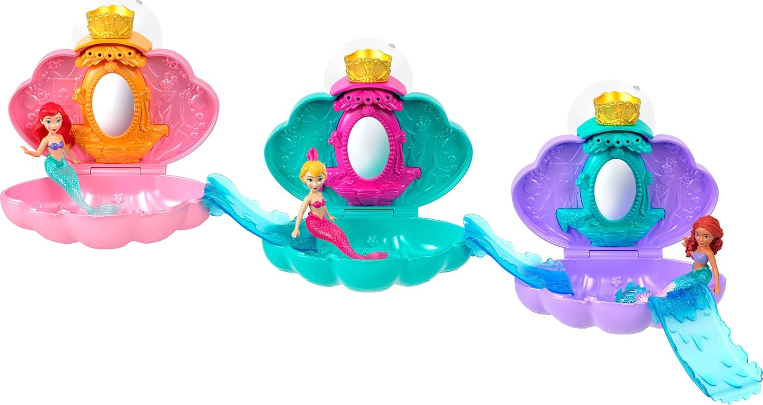Mattel Disney Princess Mermaid Bath Surprise Small Dolls & Accessories in Shell Playsets with Slides, Inspired by Disney Movies Assorated