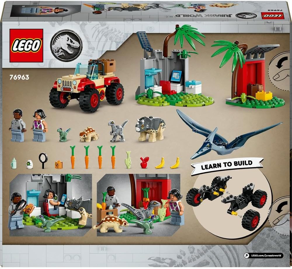 LEGO 76963 Jurassic World Baby Dinosaur Rescue Centre Set for Kids, Mini Triceratops, Ankylosaurus and Velociraptor Figure