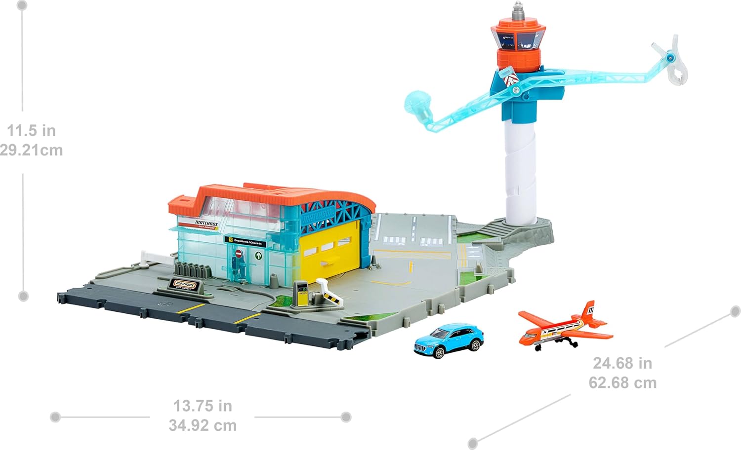 Matchbox Toy Car Playset, Takeoff Adventure Airport Playset with 1:64 Scale Diecast Audi, Plastic Plane, Takeoff and Landing Function and Storage