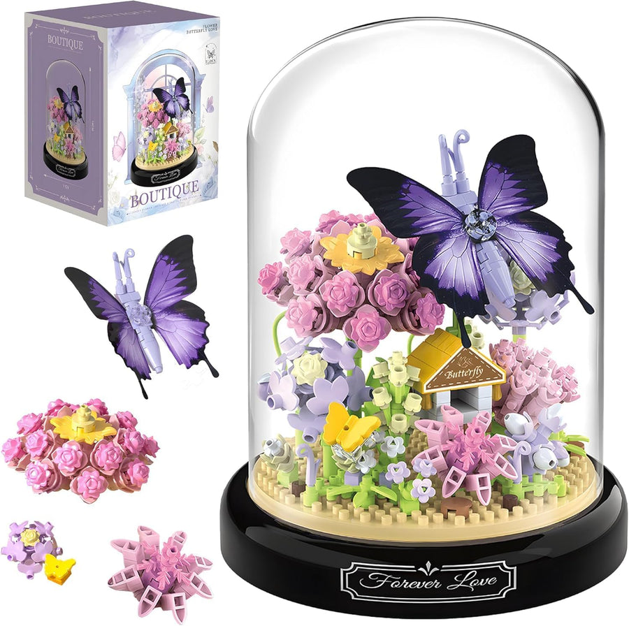 Butterfly Flower Bouquet Building Toy Set, 582 pcs Micro Mini Botanical Building Blocks Kit with Dust Cover